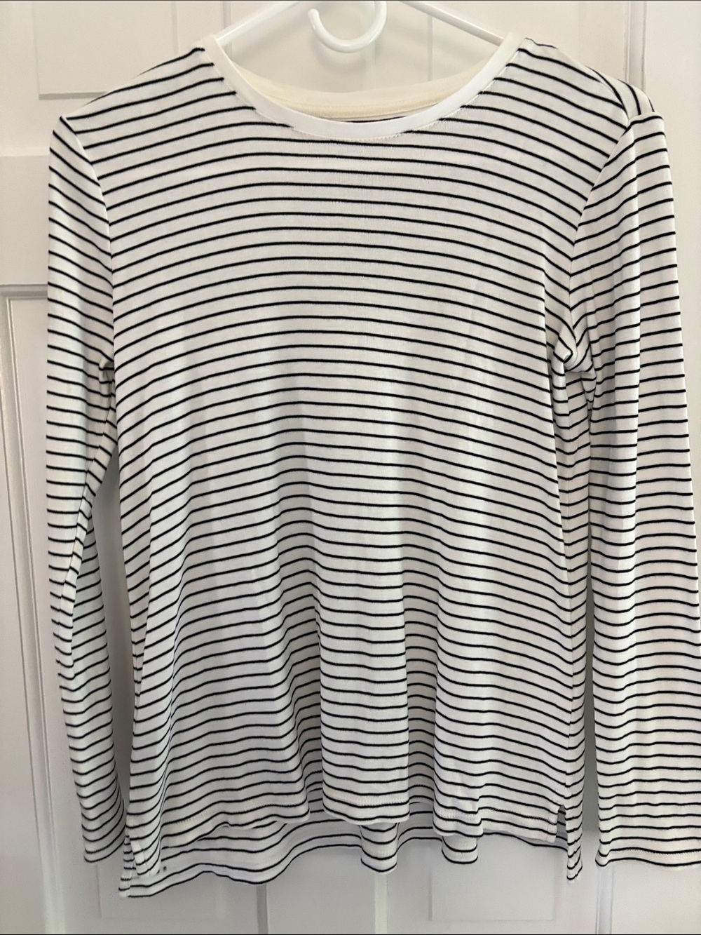 J Jill Pima Striped Long-Sleeve Crewneck Shirt - White/Black XS Petite